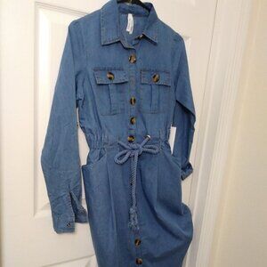 Truly 4 You Denim Midi Dress Elastic Waist Long Sleeve Size Small